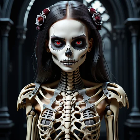 intricate ohoto of a skeleton girl, vampire clothing, cyberpunk style, gothic art