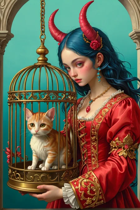 landscape,"Hyper realistic devil holding a person in a cage, intricate, elegant, highly detailed, digital painting, artstation, concept art, sharp focus, illustration, colorful, vibrante colors, art by Greg rutkowski", zPDXL2, Art painting by Rumiko Takahashi and Sakimi Chan , ,,
<lora:extremely_detailed:1> extremely detailed,
<lora:add-detail-xl:1.2>,
<lora:tbh76-sdxl:0.15> Style of Mark Ryden,
<lora:tbh117-sdxl:0.15> style of Sandro Botticelli,
<lora:Wild_Anime_2025:0.7>,, Magic realism painting art style, surreal compositions, vibrant colors, blurs the line between reality and fantasy, Baroque art style, dynamic composition, dramatic lighting, rich colors, intricate details, professional-grade execution, captures the grandeur and theatricality of the Baroque period, oil painting art style from Renaissance period, masterful composition, Renaissance mood, renaissance oil painting, brush strokes