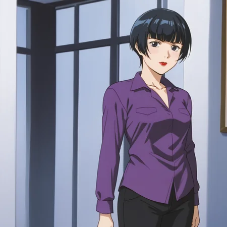 <lora:Yuka_pony_v1:.7>YukaPurpleShirt, 1girl, black hair, makeup, pants,purple shirt,  lipstick, blunt bangs, long sleeves, black eyes, short hair, cowboy shot