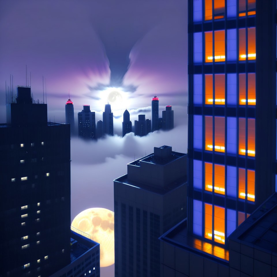 Night, view around window of upper floor skyscraper. dark-orange cloud lumened by city, bright moon, dark-gray-purple sky, sky scrapers with white frequent square windows; shades of skyscraper windows: light blue, The roofs of skyscrapers are dark squares or illuminated with a dim blue border,