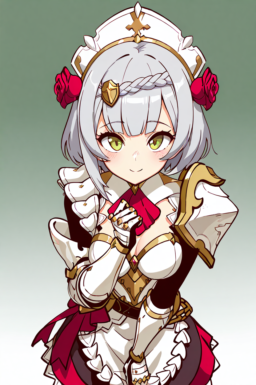 masterpiece, best quality, 1girl, solo, 21 year old model, eyelashes, (beautiful eyes),  zzNoelle, green eyes, grey hair, hair flower, hair ornament, short hair, white hair, braid,  maid headdress, armor, red rose, maid, gauntlets, shoulder armor, ,<lora:NoelleGenshinIXL:1.0>,   from above, dynamic pose, cowboy shot, smile, looking at viewer, shiny skin,<lora:DiivesIXL:1.0>,