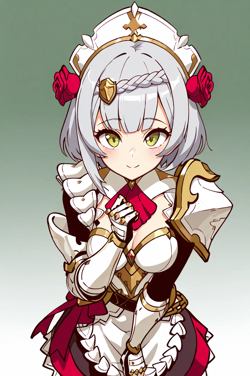 masterpiece, best quality, 1girl, solo, 21 year old model, eyelashes, (beautiful eyes), zzNoelle, green eyes, grey hair, hair flower, hair ornament, short hair, white hair, braid, maid headdress, armor, red rose, maid, gauntlets, shoulder armor, ,<lora:NoelleGenshinIXL:1.0>, from above, dynamic pose, cowboy shot, smile, looking at viewer, shiny skin,<lora:DiivesIXL:1.0>,