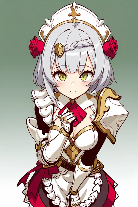 masterpiece, best quality, 1girl, solo, 21 year old model, eyelashes, (beautiful eyes), zzNoelle, green eyes, grey hair, hair flower, hair ornament, short hair, white hair, braid, maid headdress, armor, red rose, maid, gauntlets, shoulder armor, ,<lora:NoelleGenshinIXL:1.0>, from above, dynamic pose, cowboy shot, smile, looking at viewer, shiny skin,<lora:DiivesIXL:1.0>,