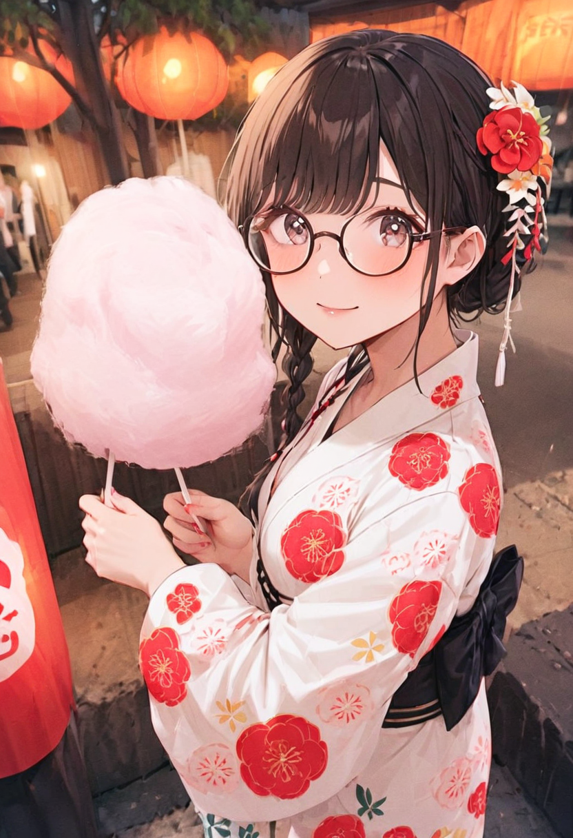 masterpiece, best quality, very aesthetic, absurdres,
cotton candy, 1girl, solo, glasses, black hair, holding, holding food, food, skewer, yukata, floral print, hair flower, braid, night, summer, paper lantern, 
 <lora:wataame_SDXL_V1:1>