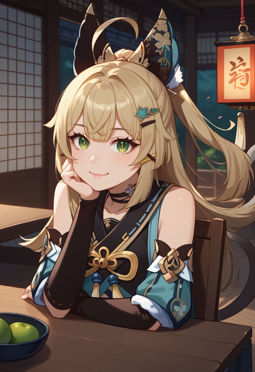 score_9, score_8_up, score_7_up, source_anime, 1girl, kiraradef, blonde hair, green eyes, long hair, ahoge, animal ears, hair ornament, hairclip, two tails, multiple tails, cat tail, detached sleeves, bare shoulders, crop top, tassel, black choker, sitting, on chair, table, head rest, elbow rest, happy, :3, looking at viewer, indoors, shrine, portrait, close-up, facing viewer, upper body, <lora:Kirara_v1-000010:1>