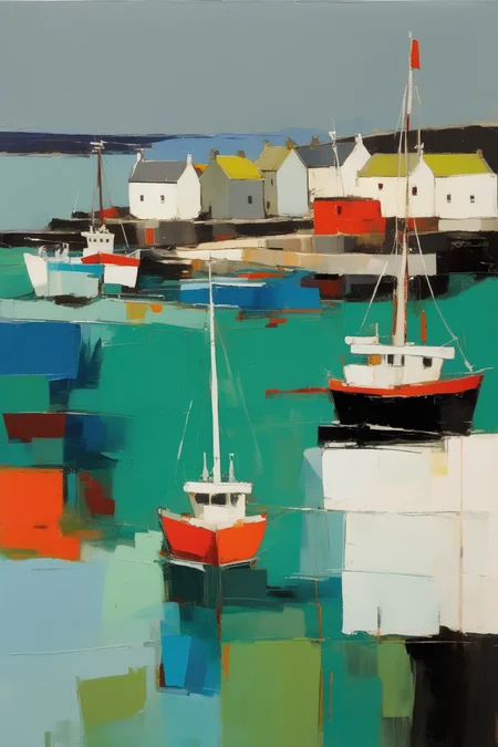 <lora:Raimonds Staprans Style:1>Raimonds Staprans Style - 102015. A painting by Raimonds Staprans. A painting of Lerwick Harbour captures the rich maritime heritage and remote location of this Scottish harbor in the Shetland Islands through a striking combination of geometric shapes and rich hues. The lively harbor, bustling with boats and surrounded by historic stone buildings, is portrayed in bold, abstract forms, while the windswept landscape and distant North Sea are depicted in mesmerizing shades of gray, green, and blue. The composition evokes a sense of resilience and seafaring tradition, reflecting the unique atmosphere of Lerwick Harbour.