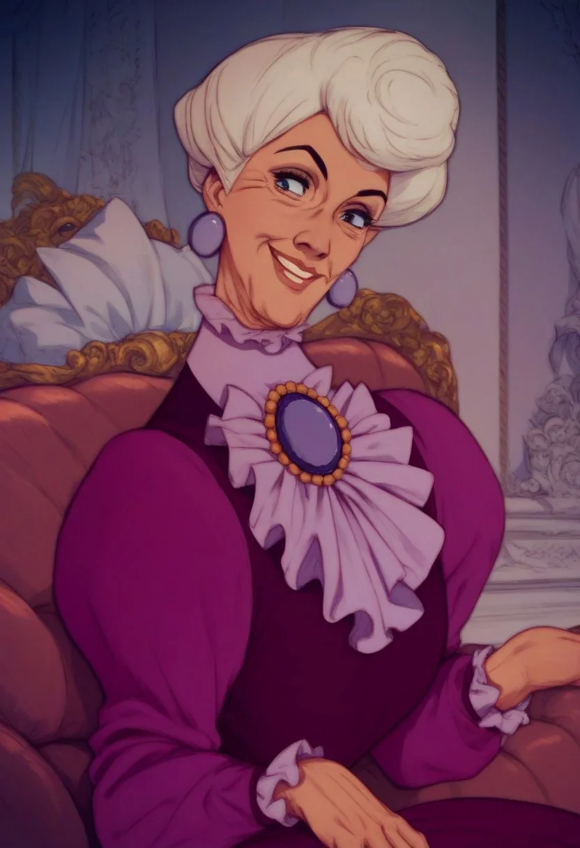 score_9_up, score_8_up, score_7_up, score_6_up, 1 girl, solo, m_adelaide, old woman, blue eyes, earrings, long purple dress, brooch, smile, sitting in a beautiful french mansion, (painted art)