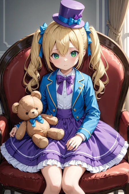 anime, 1girl, solo, blonde hair, blue bow, blue jacket, bow, child, dress, green eyes, hair bow, hair over one eye, hat, jacket, looking at viewer, mini hat, mini top hat, neck ribbon, purple dress, purple hat, purple ribbon, ribbon, stuffed animal, stuffed toy, teddy bear, top hat, twintails, masterpiece, best quality