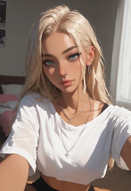 score_9, score_8_up, score_7_up,comicbookpage style,
1girl, female,looking at viewer,wearing a cropped top,selfie in  the mirror,tan lines,long blonde hair,nose piercings,earrings,silver necklace,taking selfie with her phone in the mirror,sitting on the floor,college bedroom,poster on the wall,warm light shines through curtains