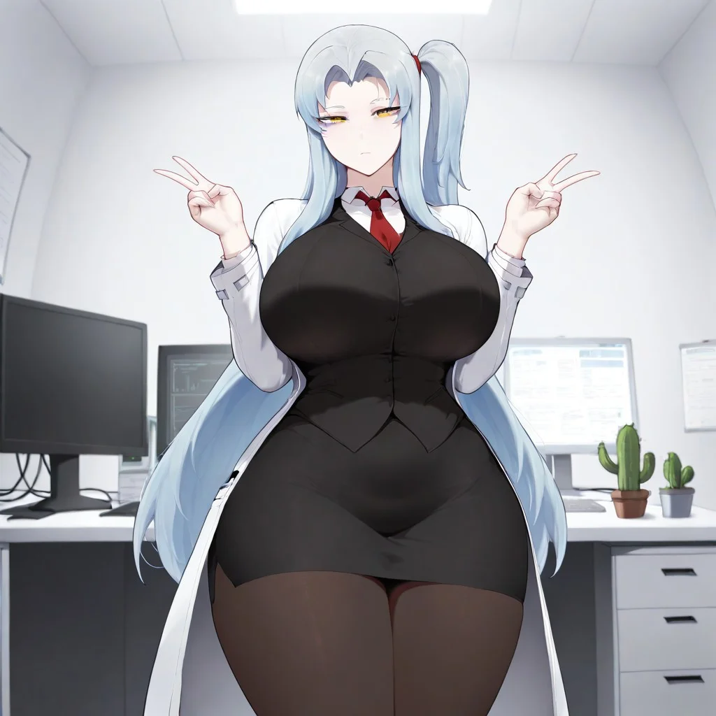 Masterpiece, aesthetic, best quality, 1girl, solo, solo female, cowboy shot, sep78910, AngelaPM, AngelaLC, large breasts, curvy, wide hips, thick thighs, facing forward, looking at viewer, hands up, double v, expressionless, long hair, side ponytail, blue hair, yellow eyes, red necktie, black pencil skirt, labcoat, black vest, white shirt, black pantyhose, lab, standing by desk, computer, cactus
