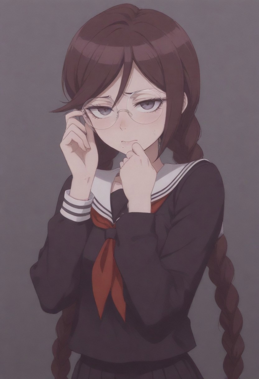 masterpiece, best quality, amazing quality,,, shiny skin,, (masterpiece, amazing quality, best quality, anime coloring),, fukawa_toko,1girl, long hair, braid, glasses, mole, twin braids, mole under mouth,round eyewear, bangs,brown hair, school uniform, serafuku, long sleeves,sailor collar, neckerchief,