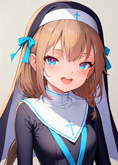 (best quality, masterpiece:1.2),
upper body, cowboy shot,
1girl, solo,
petite, braid,
brown hair, hair ribbon, looking at viewer,
blue eyes, red pupils,
nun, black dress, long dress,
highres,sharp focus,Professional,Impasto,
front view, close-up,
reality_ray_tracing,ambient_light,
simple background, grey background,
<lora:ASYLJ77-000009-XL-02:0.9>