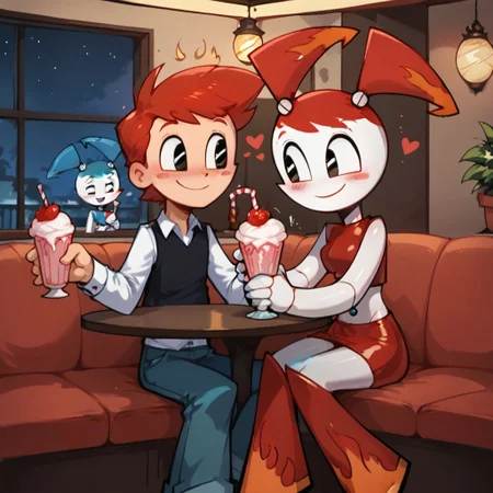score_9, score_8_up, score_7_up, Jenny, hot rod jenny, red hair, black eyes, gray navel, orange flame accents, joints, android, ((red crop top)), red skirt, red knee boots, blush, sitting, smile, happy, holding hands, detailed background, <lora:Jenny_Wakeman_PDXL_V2:1>, BREAK, sitting at table, male, human, brad, red hair, white shirt, black vest, black eyes, pants, sharing milkshake, drinking, duo, sharing drink, glowing_lora, cafe, 50s style diner, milkshake, indoors, heart reaction, blushing, night, glowing, blush stickers, (((glowing_blush)))