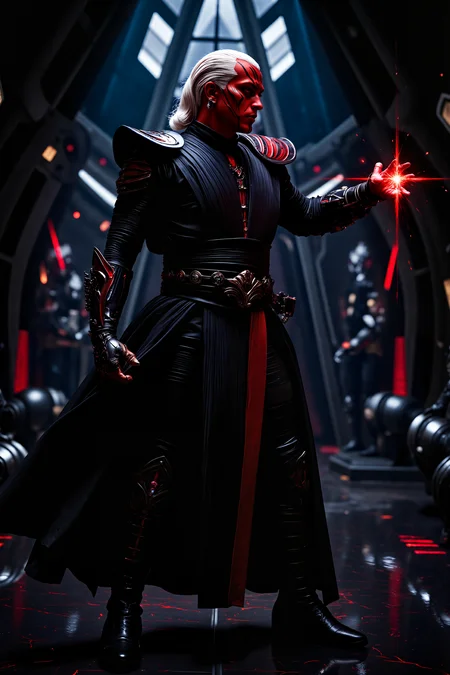 A hyper-realistic portrait, photorealistic photo close-up image of Standing on the deck of a sleek, black Sith starfighter, a Sith Lord in sithoutfit with copper-toned skin and gleaming, white hair watches as the stars streak by in hyperspace. His black and crimson robes are tightly bound by a Sith belt adorned with the emblems of fallen Jedi, trophies of his relentless pursuit of power. The ship hums around him, an extension of his dark will, as he stands in perfect stillness, one hand resting lightly on the hilt of his curved lightsaber. His eyes, glowing with an unnatural red intensity, are fixed on the distant destination that awaits him, a Jedi stronghold hidden deep in the Outer Rim. The light from the hyperspace tunnel reflects off his metallic armor, creating a kaleidoscope of colors that shimmer and flicker across the polished deck. His expression is cold and calculating, a storm of dark energy swirling just beneath the surface of his controlled exterior. Behind him, droids and Sith soldiers stand ready, their weapons gleaming in the dim light of the starshipâs bridge. As the ship hurtles closer to its target, the Sith Lordâs grip tightens on his saber, his mind already anticipating the bloodshed that is to come. (photography, high-resolution, dynamic, energetic,hyper-realistic, dramatic lighting, shallow depth of field.), detailmaximizer, MythP0rt<lora:midjourney_whisper_flux_lora_v01:0.55><lora:aidmaMJ6.1-FLUX-V0.1:0.4><lora:FluxMythP0rtr4itStyle:0.4><lora:detailed_flux_ntc:2.2><lora:aidmaImageUpgrader-FLUX-V0.1:0.65><lora:SITH_FLUX:1.1>