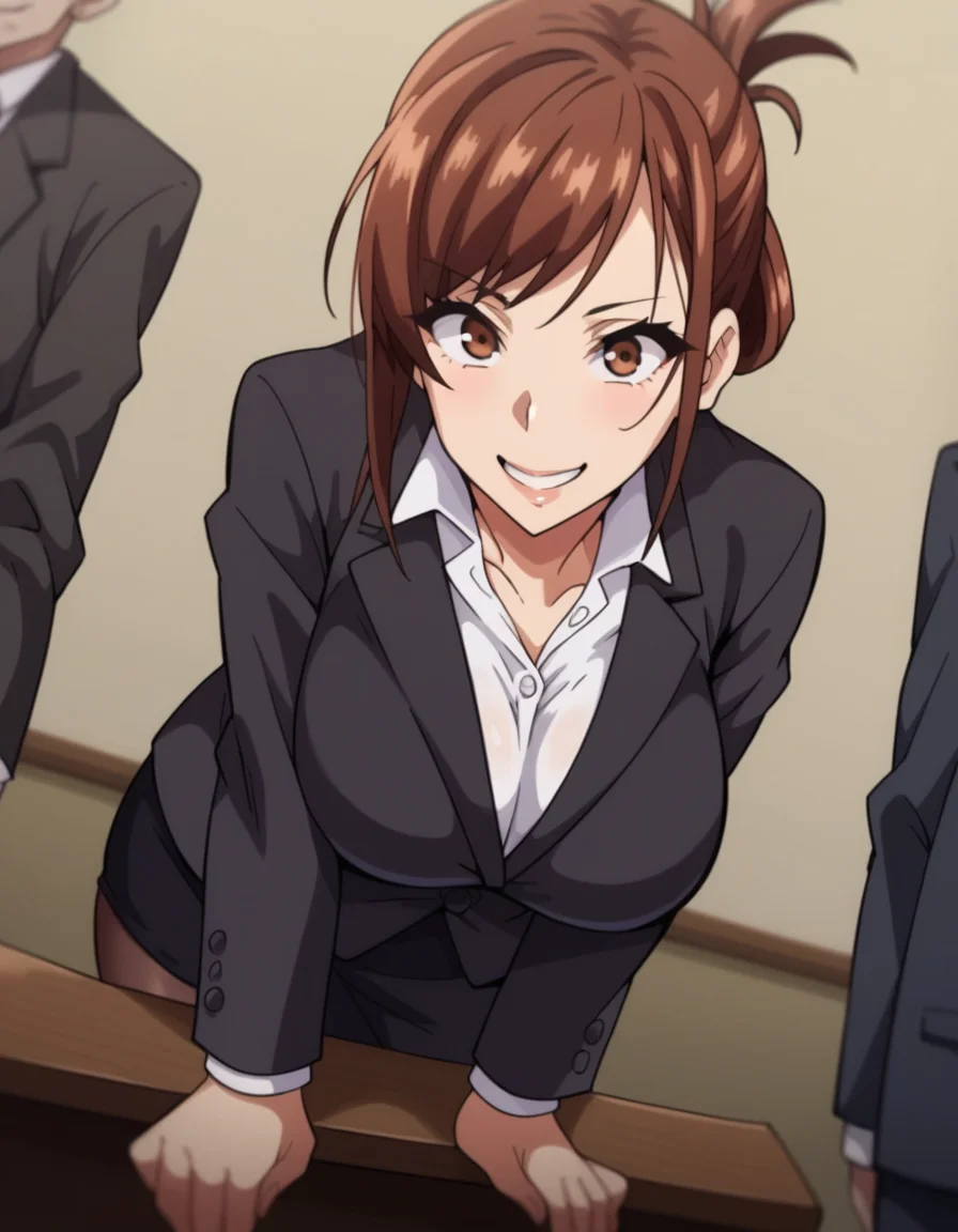 score_9, score_8_up, score_7_up, source_anime,
hisatoazuma, <lora:hisato-azuma-ova-ponyxl-lora-nochekaiser:1>,
hisato azuma, brown hair, brown eyes, large breasts,
formal, suit, office lady, skirt, black skirt, black jacket, folded ponytail,
indoors, office, bent over, smile,
looking at viewer, cowboy shot, solo, dutch angle,