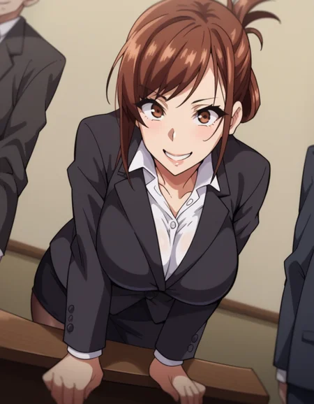 score_9, score_8_up, score_7_up, source_anime,
hisatoazuma, <lora:hisato-azuma-ova-ponyxl-lora-nochekaiser:1>,
hisato azuma, brown hair, brown eyes, large breasts,
formal, suit, office lady, skirt, black skirt, black jacket, folded ponytail,
indoors, office, bent over, smile,
looking at viewer, cowboy shot, solo, dutch angle,