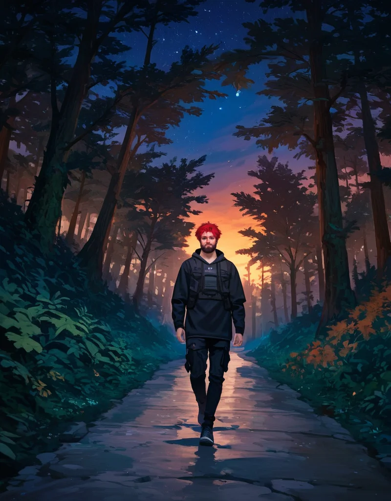 zPDXL2, <lora:TechwearV2:1>, t3chwear,
1boy, detailed eyes, beard, short red hair, walking on a forest path at night, night sky, viewed from behind