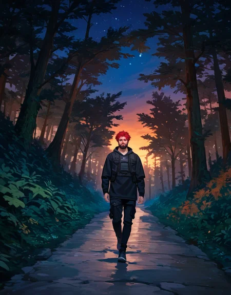 zPDXL2, <lora:TechwearV2:1>, t3chwear,
1boy, detailed eyes, beard, short red hair, walking on a forest path at night, night sky, viewed from behind