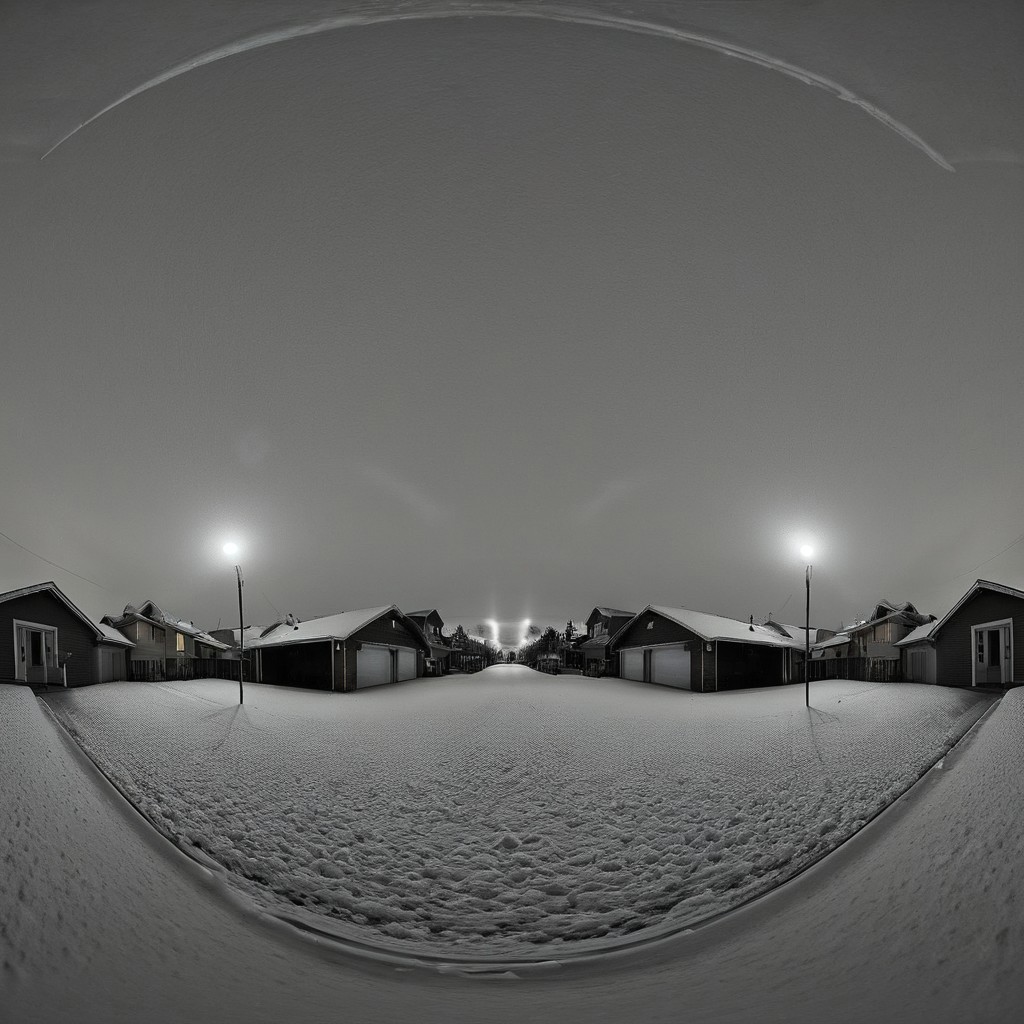 liminal, suburban liminal, suburban, an empty suburban environment, vanishing point, depth of field, fisheye lens, snow, neighborhood, indoors, looking out window, garage, symmetrical, abstract, split image, creepy, greyscale, night, day, sunrise, sunset, beautiful, masterpiece, offset