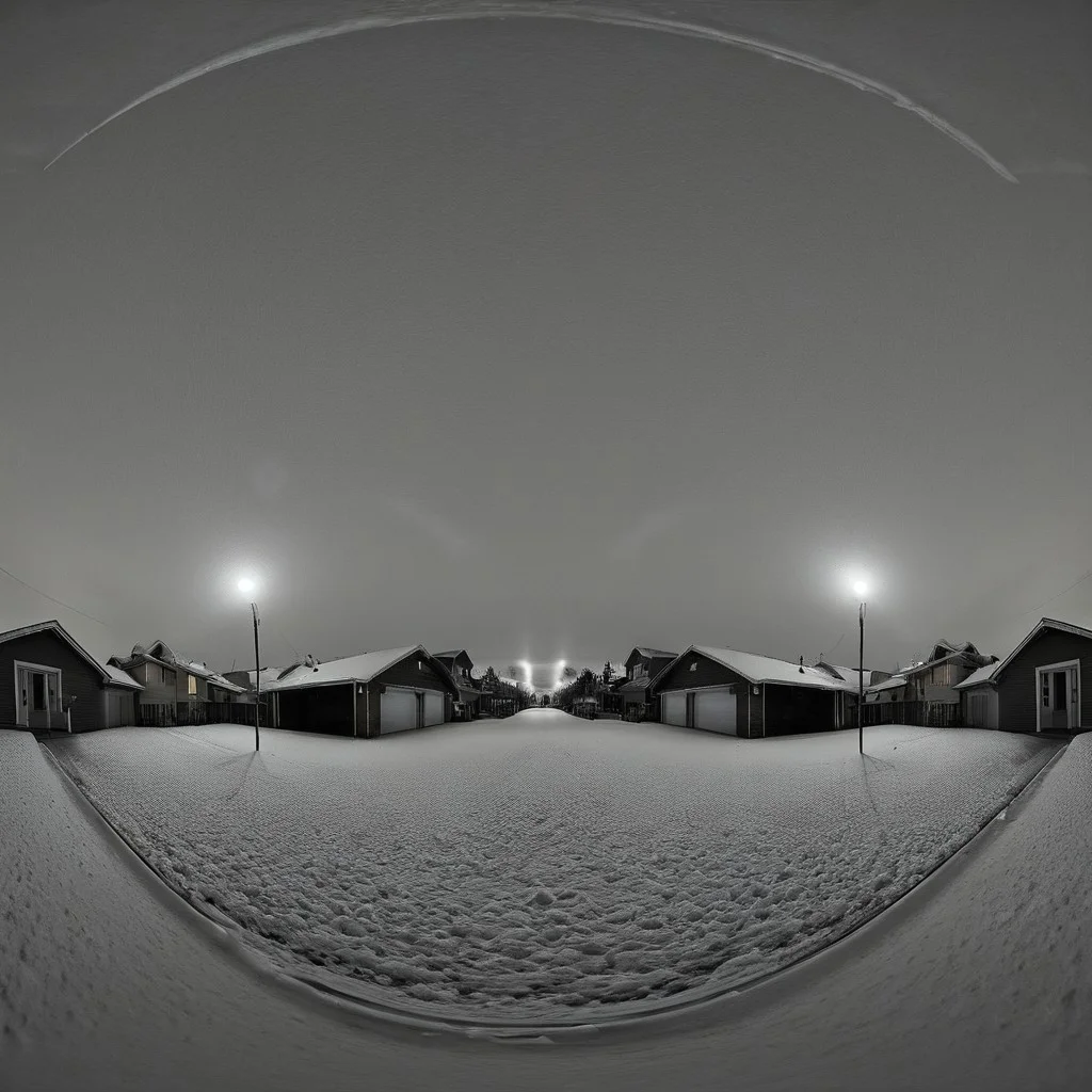 liminal, suburban liminal, suburban, an empty suburban environment, vanishing point, depth of field, fisheye lens, snow, neighborhood, indoors, looking out window, garage, symmetrical, abstract, split image, creepy, greyscale, night, day, sunrise, sunset, beautiful, masterpiece, offset
