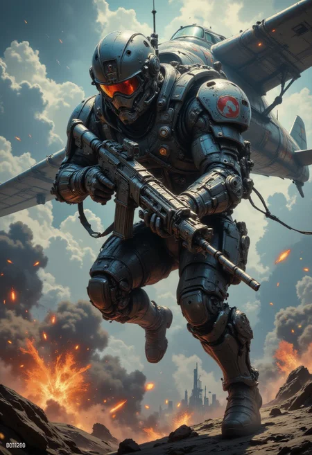 DGC style digital illustration, Magic style,
Close-up.large space marine jumping from a plane while holding a machine gun, explosions in the background, epic action scene, movie still,