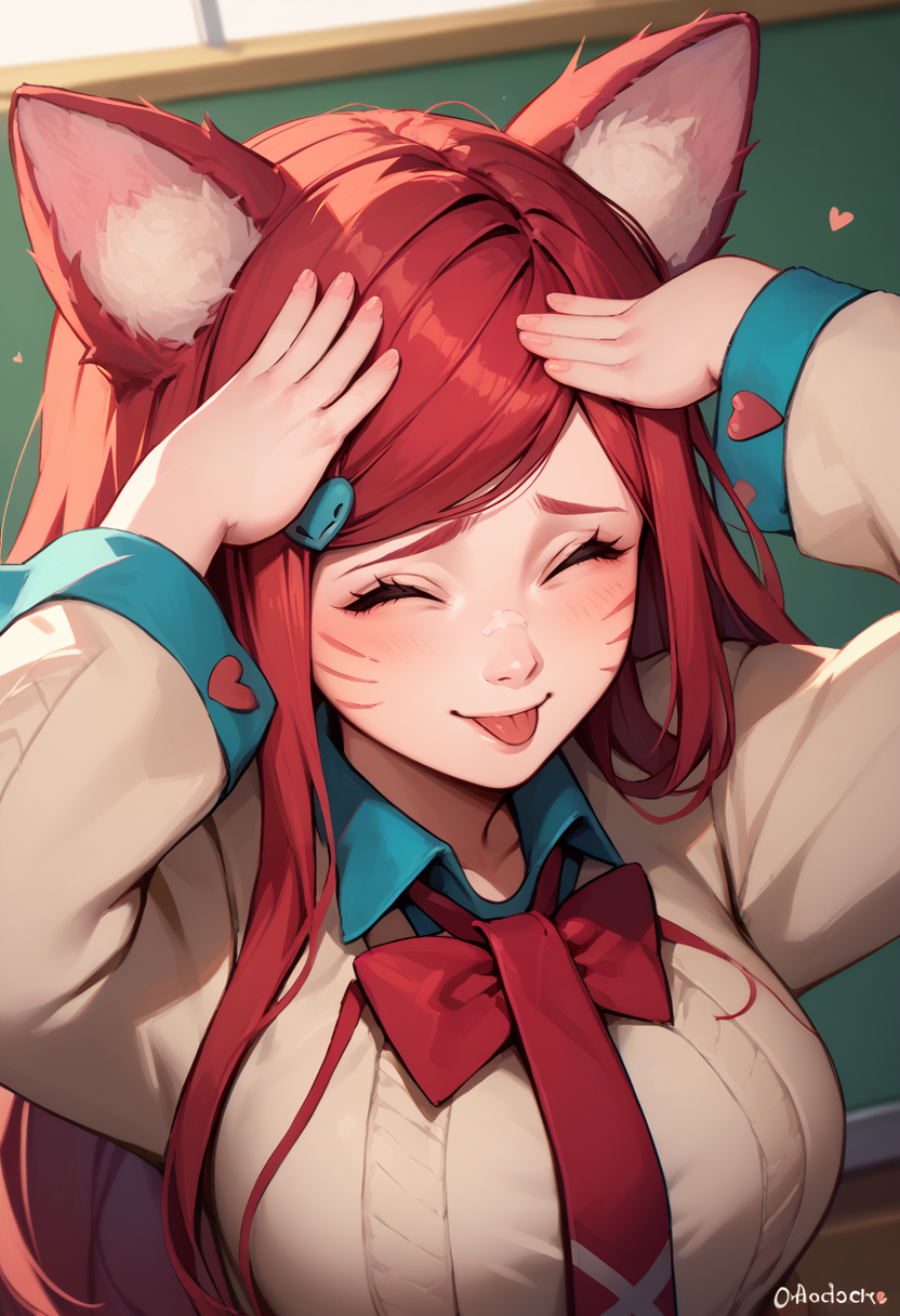 score_9, score_8_up, score_7_up, Ahriacademy, animal ears, facial mark, long hair, red hair, large breasts, hairclip, heart hair ornament, school uniform, bow, bowtie, necktie,  <lora:Ahri_Academy_pdxl_Incrs_v1:1>, <lora:AhEtoBlehMeme_pdxl_Incrs_v1:1>, AhEtoBlehMeme, closed eyes, tongue out, :p, hands on own head, smile