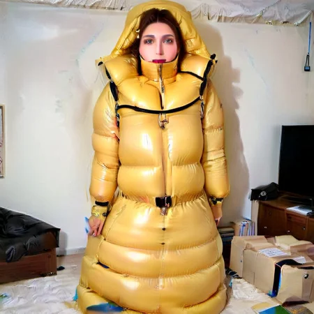 entire full view of hyper realistic front very big boobies  european blond women with high posture collar wearing a yellow fully hooded up ((extra_long_puffy_adjusted_strait_rear_closed_robe))  ((ultra_long_fully_not_openable_puffy_down_coat))((fully_extra_puffy_down_closed_hooded)) ((very_high_down_puffy_collar)) ((puffer_down_glove)) ((down_puffer_boots)) ((rigid_neck_puffy_posture_collar)) ((very_big_boobies))
,slim downcoat,closed coat, ball_gag, ring_gag, posture_collar, big boobies ,
long_legs, long_sleeves,  dress, lips, hand_fan, dress, beach,  walking, daytime, sun, sunlight,
<lora:Puffer_Jacket_and_Down_Jacket_-_Extra_Puffy_Jackets:0.9>
 <lora:VictorianBustleDress:0.6><Lora:Parkasite-XL:1.0