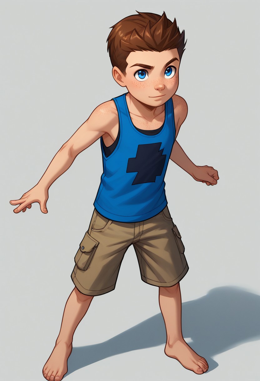 score_9, score_8_up, score_7_up, highly detailed, cute boy, 1boy, solo, young, Jack Power, Blue Eyes, Brown Hair, Freckles, Mass Master, tank top, shorts, barefoot