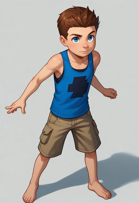 score_9, score_8_up, score_7_up, highly detailed, cute boy, 1boy, solo, young, Jack Power, Blue Eyes, Brown Hair, Freckles, Mass Master, tank top, shorts, barefoot