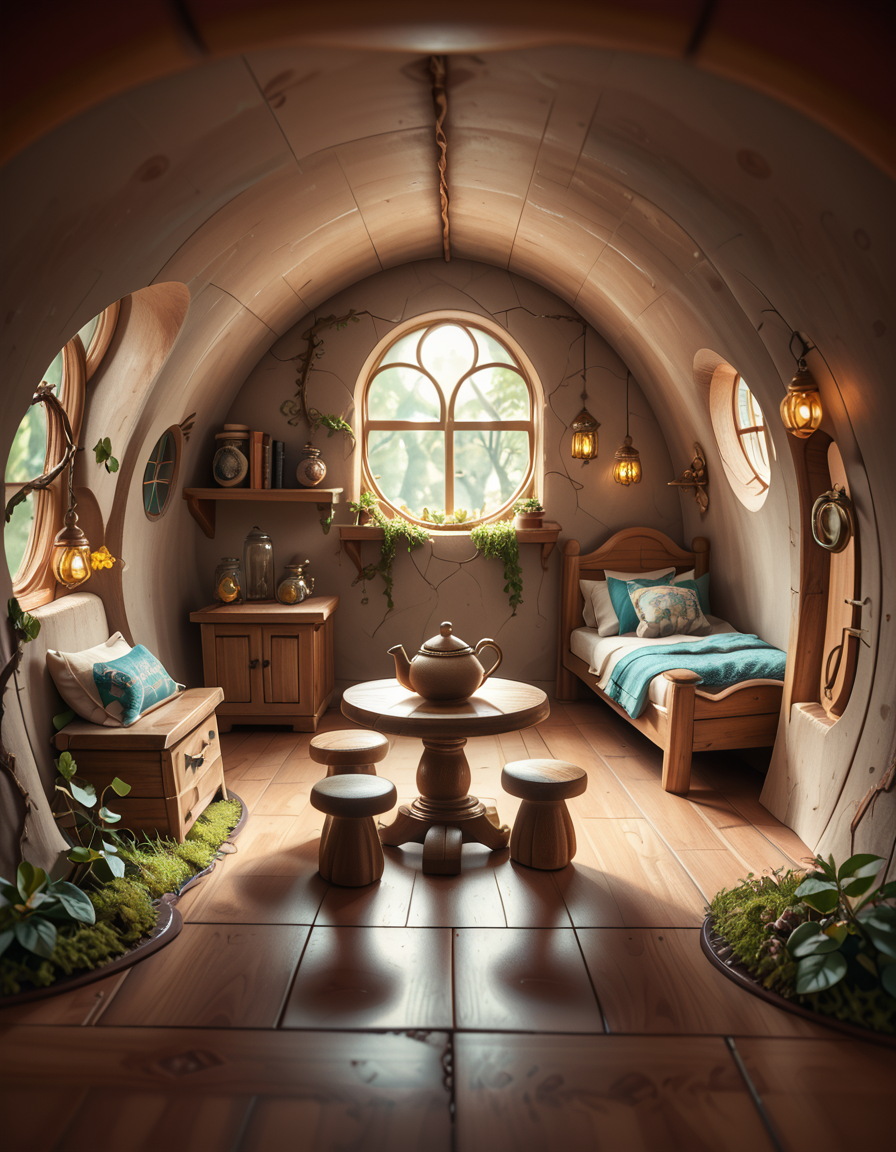 score_9, score_8_up, score_7_up,amazing quality, ultra realistic, 3D, HD, best quality, amazing quality, very aesthetic, absurdres
A highly detailed, realistic photograph of a tiny gnome house nestled at the base of an ancient oak tree, taken in soft morning light with a gentle mist hanging in the air. The house is crafted from natural materials: smooth stones form the lower walls, and curved wooden planks create a round, thatched roof with patches of moss and small wildflowers growing on top. Tiny circular windows with stained glass panels glow faintly from within, casting warm amber and green hues. A miniature wooden door with intricate carvings sits slightly ajar, surrounded by tiny lanterns that hang from delicate hooks, each softly glowing. Around the house, the forest floor is covered in dew-kissed clover, mushrooms of varying sizes and colors, and winding little cobblestone paths. In the background, tall ferns and oversized leaves tower, giving the scene an enchanted, hidden feel. Subtle rays of sunlight break through the canopy above, highlighting fine details with a dreamy, ethereal atmosphere. Hyper-realistic style, high-resolution, rich earthy tones, with an overall cozy and magical woodland vibe. No creatures or people, only nature and the charming architecture of the gnome's home.
<lora:SDXLFaeTastic2400:0.4> <lora:extremely_detailed:0.4> extremely detailed,tiny gnome h0us3 <lora:tiny_gnome_h0us3-p:1>