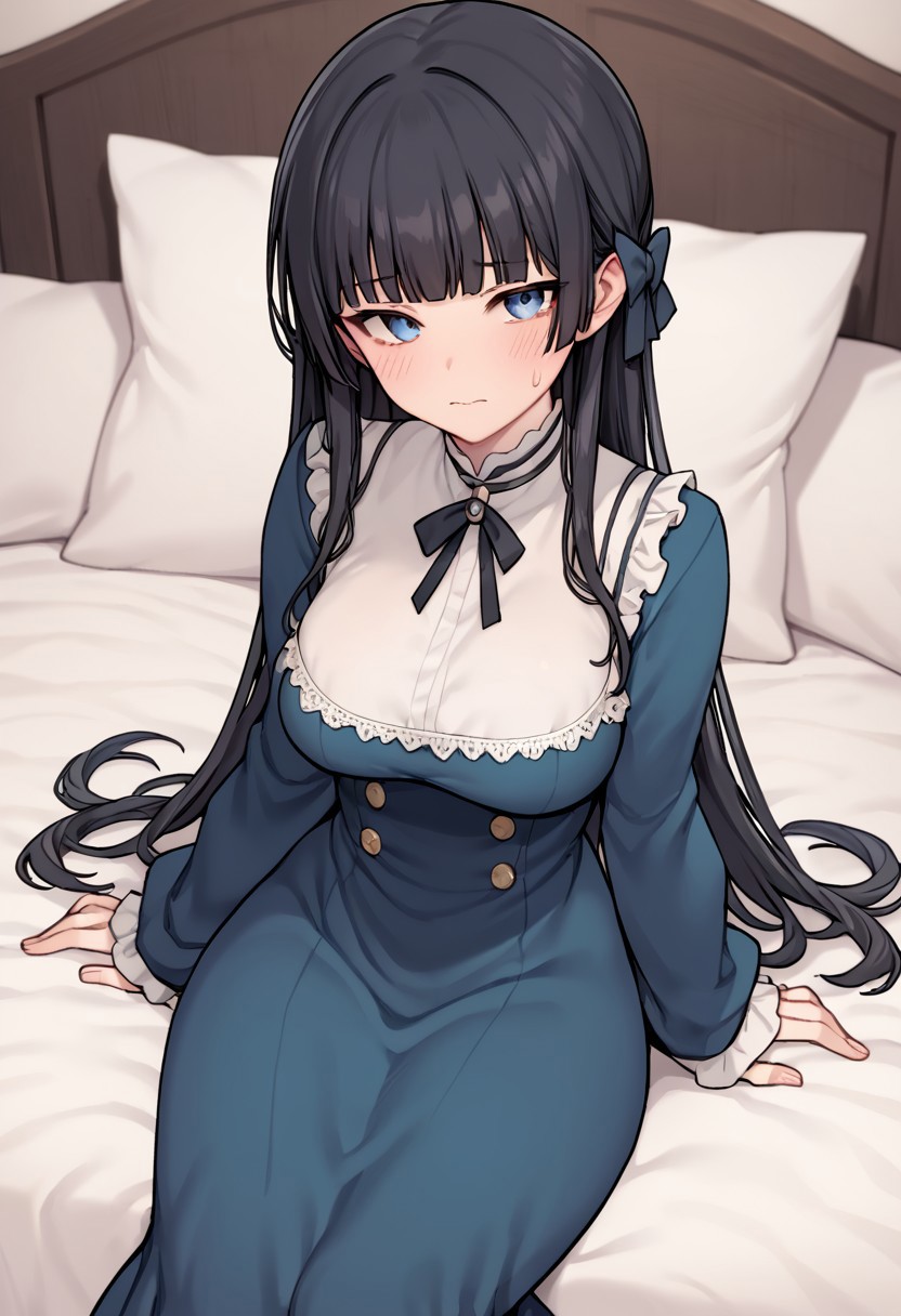 score_9, score_8_up, score_7_up,  masterpiece, 
1girl, solo,  blush, black hair, bangs, long hair, looking at viewer, large breasts, bed, sitting, bow, dress, blue eyes, long sleeves, pillow, blunt bangs, hair bow, sweatdrop, on bed