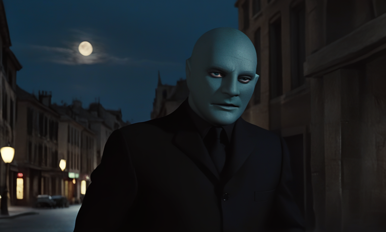 <lora:Fantomas_SDXL:0.8> fantomas, Fantomas, a criminal mastermind in motion, wearing an elegant black suit, running through a dimly lit cityscape at night, blue skin glowing faintly in the moonlight, intense expression, shadowy and suspenseful atmosphere, cinematic action shot, noir aesthetic, best quality, best resolution, extremely detailed, detailed face, detailed eyes, masterpiece, crisp focus, 4k, detailxl, eyedetailpxl