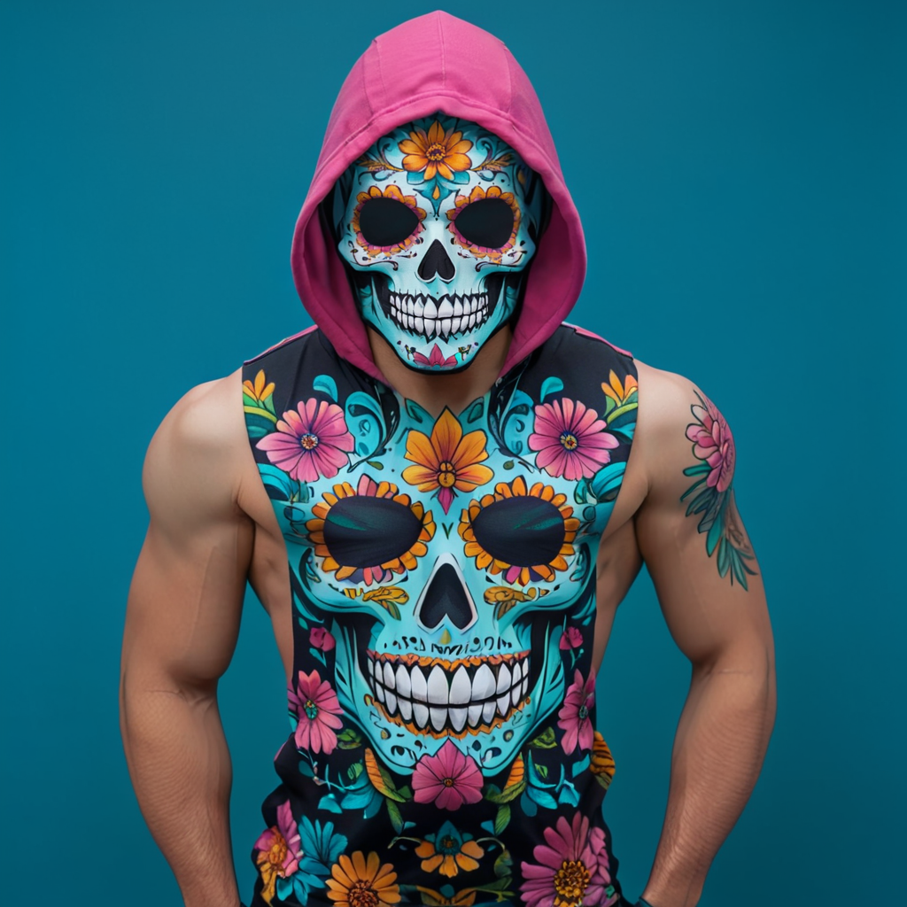 <lora:Vibrant_Calavera_r1:1> ArsMJStyle, Vibrant Calavera, The image shows a man wearing a colorful skull mask and a sleeveless tank top. The skull mask is made up of intricate patterns and designs in shades of pink orange yellow and blue. The tank top is black and has a floral design on the front. The man is standing with his arms at his sides and is facing the camera. The background is a solid turquoise color., 1boy, hood, solo, tattoo, male focus, flower, arm tattoo, hood up, upper body, floral print