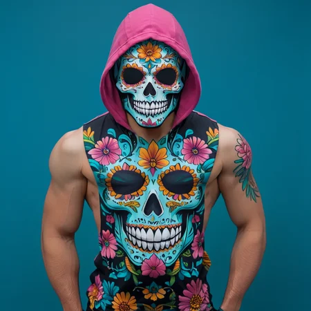 <lora:Vibrant_Calavera_r1:1> ArsMJStyle, Vibrant Calavera, The image shows a man wearing a colorful skull mask and a sleeveless tank top. The skull mask is made up of intricate patterns and designs in shades of pink orange yellow and blue. The tank top is black and has a floral design on the front. The man is standing with his arms at his sides and is facing the camera. The background is a solid turquoise color., 1boy, hood, solo, tattoo, male focus, flower, arm tattoo, hood up, upper body, floral print