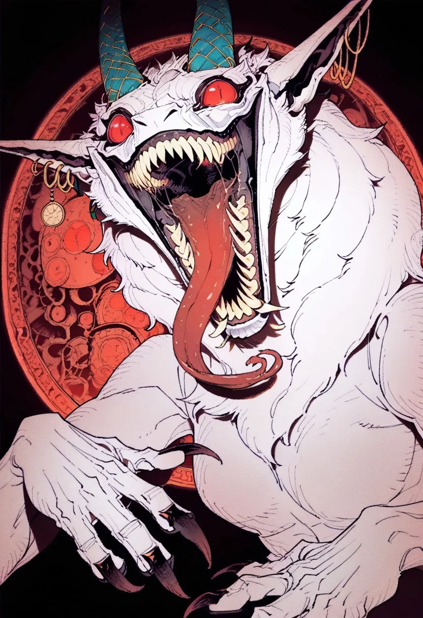 (ireading:0.8), (yanje:0.8), Synx, solo, open mouth, red eyes, jewelry, earrings, teeth, tongue, pointy ears, tongue out, no humans, glowing, sharp teeth, claws, monster, long tongue, horror (theme)
, futuristic, BREAK, , absolutely eye-catching,,masterpiece, high score, great score, absurdres, (eda:0.3), (mika pikazo:0.3), 4ur4_illu