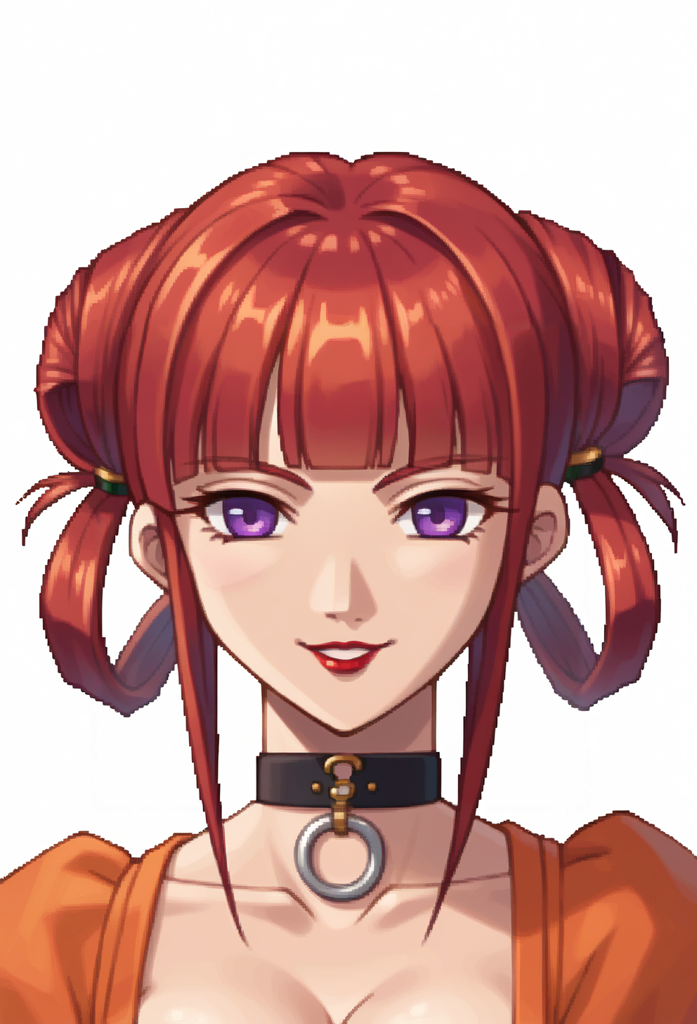 score_9, score_7_up, source_anime, BREAK <lora:zs_SkyPortraitsXL:1> skyportraits, portrait, white background, choker, cleavage,, seductive smile, red lips, 1girl, purple eyes, red hair, blunt bangs, low hair rings, medium breasts,