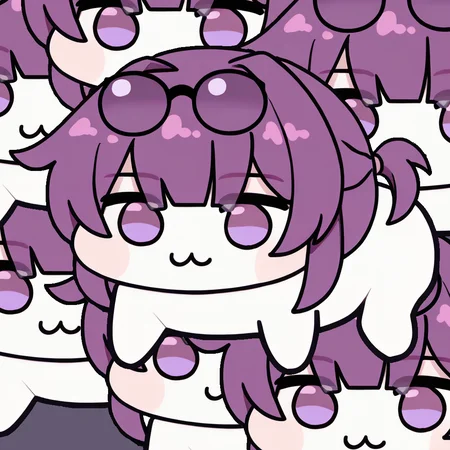 <lora:Doro_X_PDXL_V1:1.0> 7doros, creature, :3, chibi, purple eyes, no humans, white skin, four legs, solid circle eyes, no pupils, <lora:kafkahsr-ponyxl-bshi-v1:1.0> KafkaHSR, pince-nez, eyewear on head, purple hair, sidelocks, short ponytail, purple eyes, empty eyes, simple background,