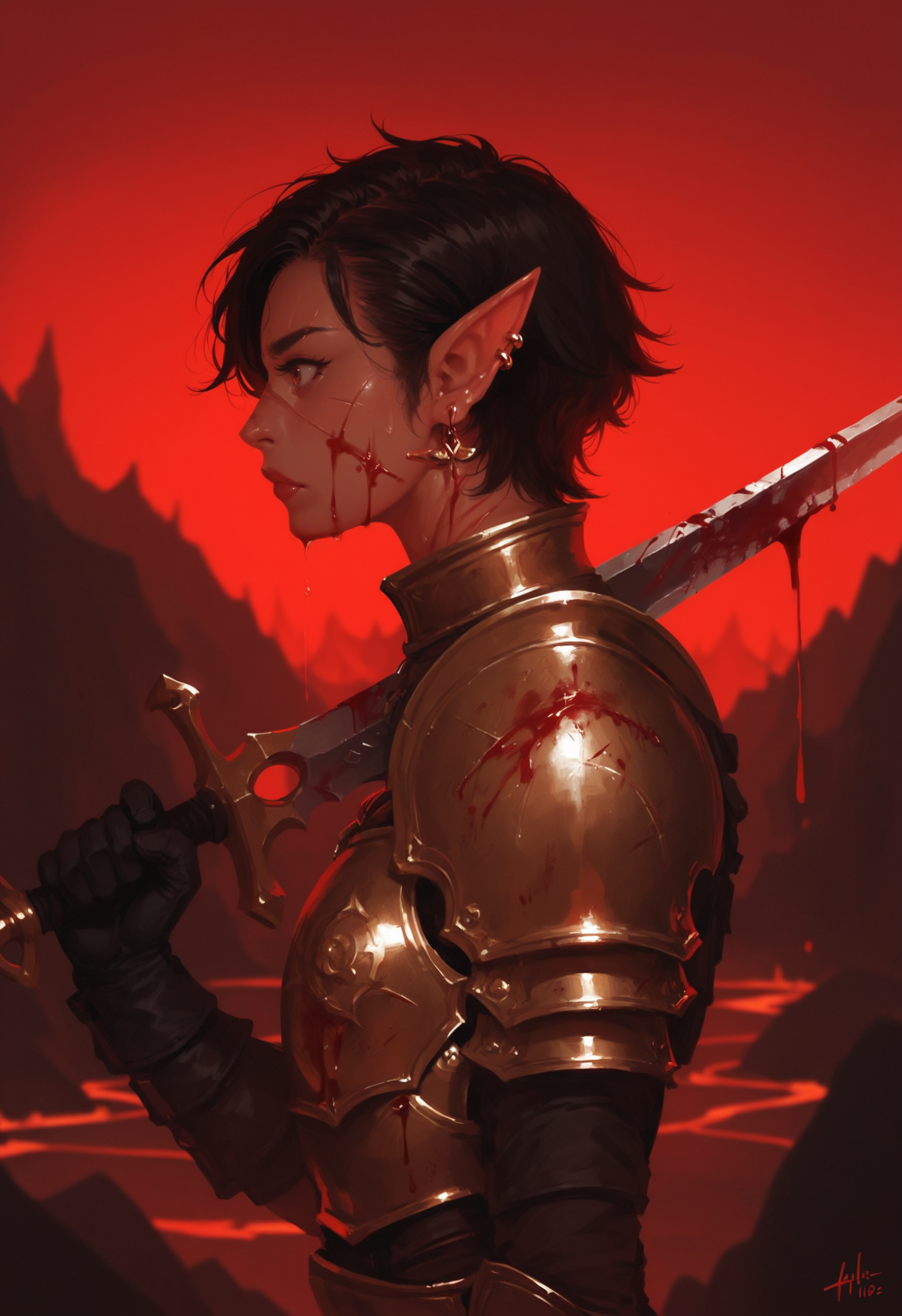 1girl, pointy ears, blood, armor, weapon, solo, blood on face, holding, sword, holding weapon, black hair, profile, holding sword, ear piercing, scar, gloves, from side, black gloves, piercing, scar on face, elf, jewelry, earrings, shoulder armor, brown eyes, closed mouth, blurry background, sweat, blurry, artist name, lips, blood on weapon, breastplate, eyelashes, pauldrons, short hair, red theme, dripping, cuts, red sky, lava, zPDXL3, detailxl,  Score_PnyReal, (lineless:1.5)
