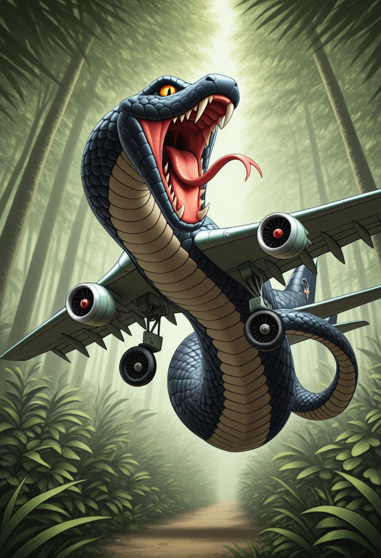 yoshistyle, masterpiece, best quality, amazing quality, solo, snakeplane aircraft, dark scales, fangs, tongue, jungle