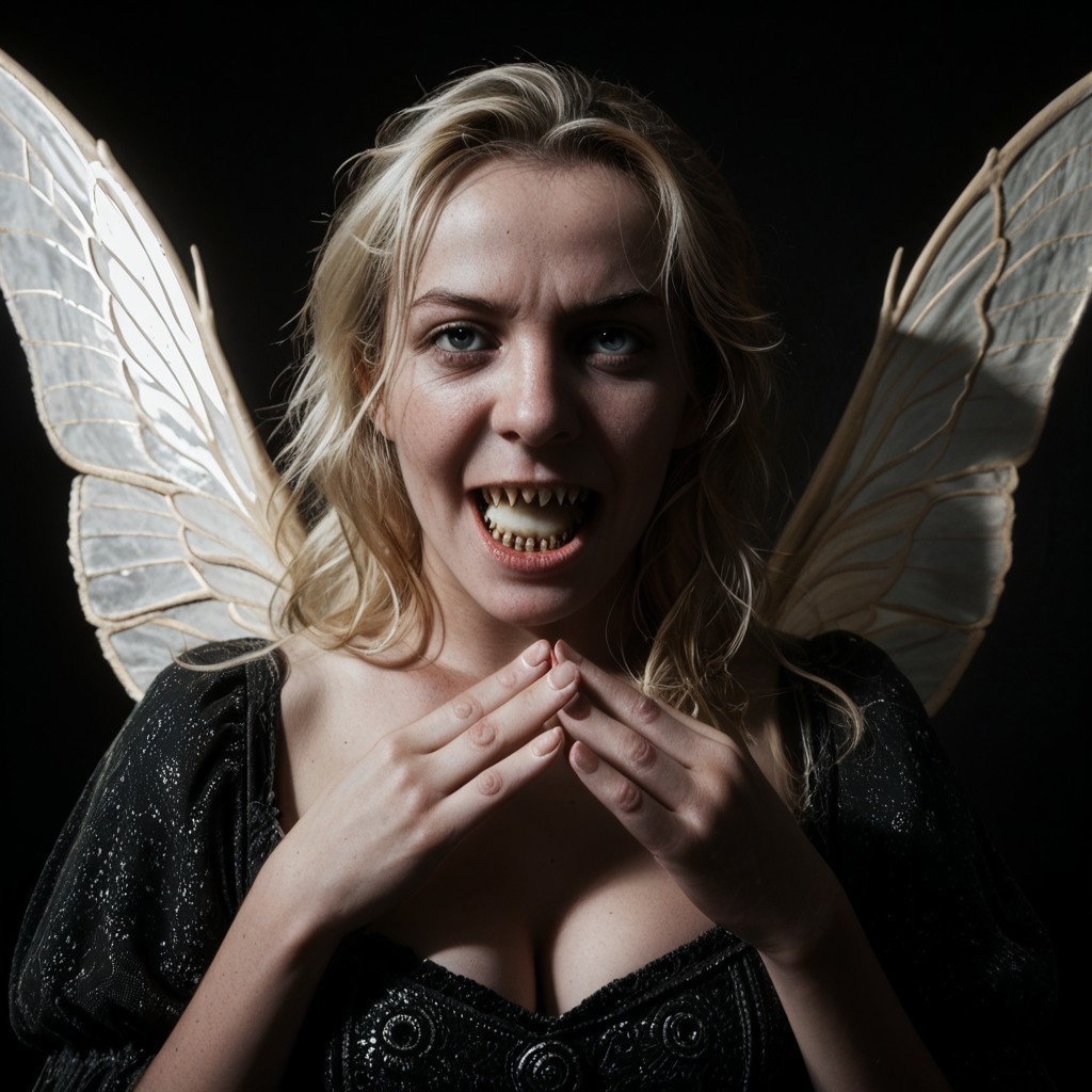 HD 32k dark movie still, photograph, hungry, salivating, vampire teeth, MSW, 20 year old blonde female pixie fairy princess holding femur bone wearing medieval gossamer dress with two iridescence wings on her back, long blonde hair,detailed and colourful, intricate colourful landscape background, subsurface scattering, strong dappled lighting with soft shadows, ambient palette, strong lighting, highly aesthetic background, otherworldly, attractive colours, trending on artstation, sharp focus, studio photo, intricate details, highly detailed, cinematic realism, high action pose, perfect pupils, insanely detailed faces, correct digits,
