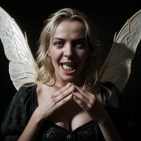 HD 32k dark movie still, photograph, hungry, salivating, vampire teeth, MSW, 20 year old blonde female pixie fairy princess holding femur bone wearing medieval gossamer dress with two iridescence wings on her back, long blonde hair,detailed and colourful, intricate colourful landscape background, subsurface scattering, strong dappled lighting with soft shadows, ambient palette, strong lighting, highly aesthetic background, otherworldly, attractive colours, trending on artstation, sharp focus, studio photo, intricate details, highly detailed, cinematic realism, high action pose, perfect pupils, insanely detailed faces, correct digits,