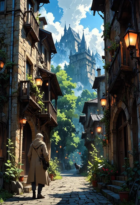 A lone traveler, cloaked in a rich, earth-toned mantle, stands at the entrance of a medieval village nestled within the embrace of towering green mountains. The golden light of the afternoon sun bathes the rustic timber-and-stone buildings, their wooden balconies adorned with vibrant hanging flowers. In the distance, a grand castle with sky-piercing spires stands atop a mist-veiled peak, its ancient walls glowing with a soft, golden hue against the bright blue sky. Billowing clouds roll gently in the background, adding to the dreamlike beauty of the scene. Below, in the valley, a small herd of deer grazes near the edge of the path, their sleek coats reflecting the dappled sunlight filtering through the lush foliage. Anime art, VibrantlySharp style, Niji, Anime
