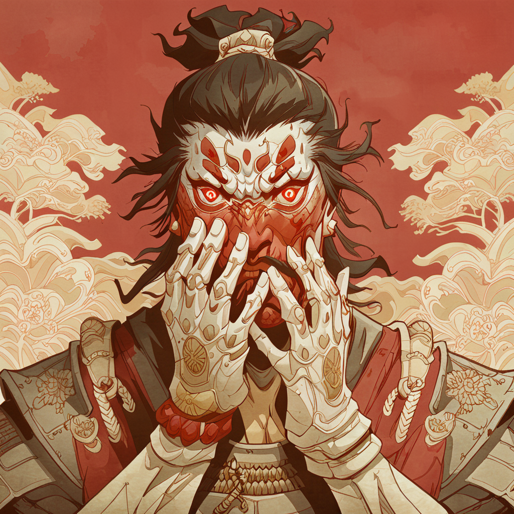 <lora:hu4lu:1>hu4lu samurai holds hands up to face red background