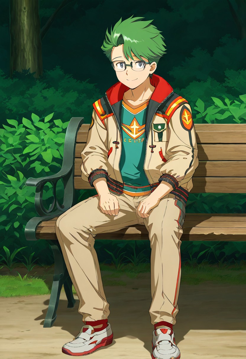 gb4_tao, green hair, short hair, grey eyes, 1boy, solo, male focus, glasses, jacket, anime style, anime draw style, detailed eyes, perfect hands, high quality, best quality, masterpiece, outdoor setting, sit on wooden bench, full body