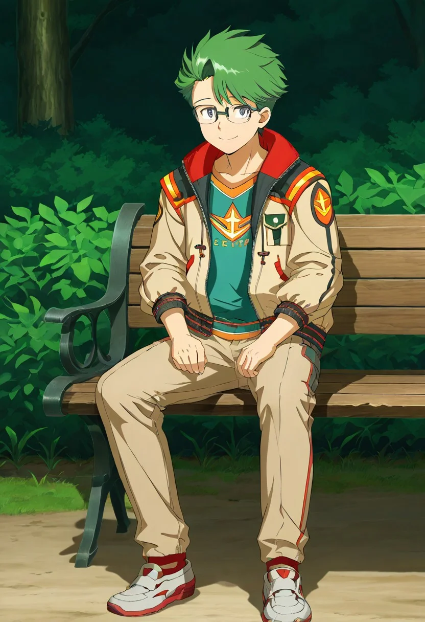 gb4_tao, green hair, short hair, grey eyes, 1boy, solo, male focus, glasses, jacket, anime style, anime draw style, detailed eyes, perfect hands, high quality, best quality, masterpiece, outdoor setting, sit on wooden bench, full body