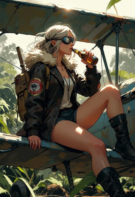 Mh1$AgThS2, intricate linework with expressive contrasts, soft lighting with dynamic highlights, young woman wearing flight goggles, aviator leather jacket, long loose platinum hair, sitting nochanlantly on the wing of a biplane on an airstrip surrounded by tropical jungle, drinking a bottle of beer, directional lighting