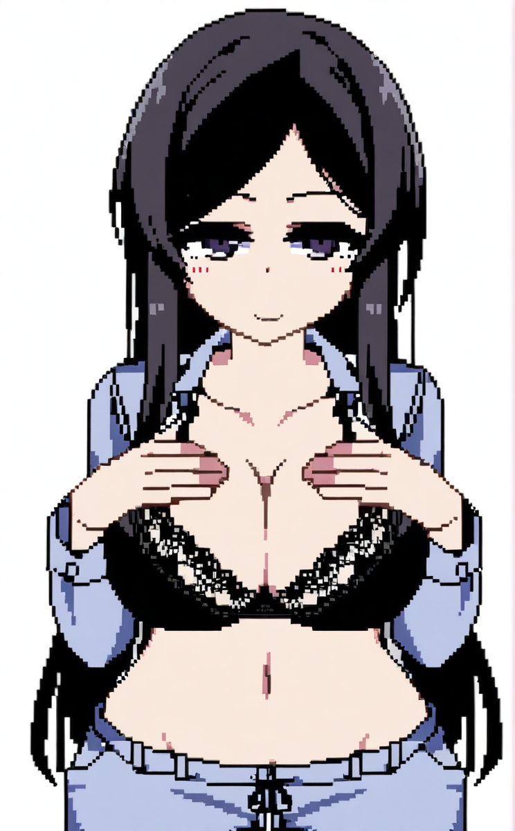 character: Kanae (å¶ç»), character: Kanae (å¶ç») clothes3, pixel art, 1girl, solo, simple background, white background, cowboy shot, looking at viewer, smile, standing, closed mouth, black hair, black eyes, long hair, parted bangs, large breasts, cleavage, hands on own chest, collarbone, navel, blue pajamas, blue collared shirt, long sleeves, open shirt, black bra, lace-trimmed bra, blue pants<lora:summer memories v8.3 (å¤æè£æ­£ååå¾ç¿»è½¬)-000005:1>