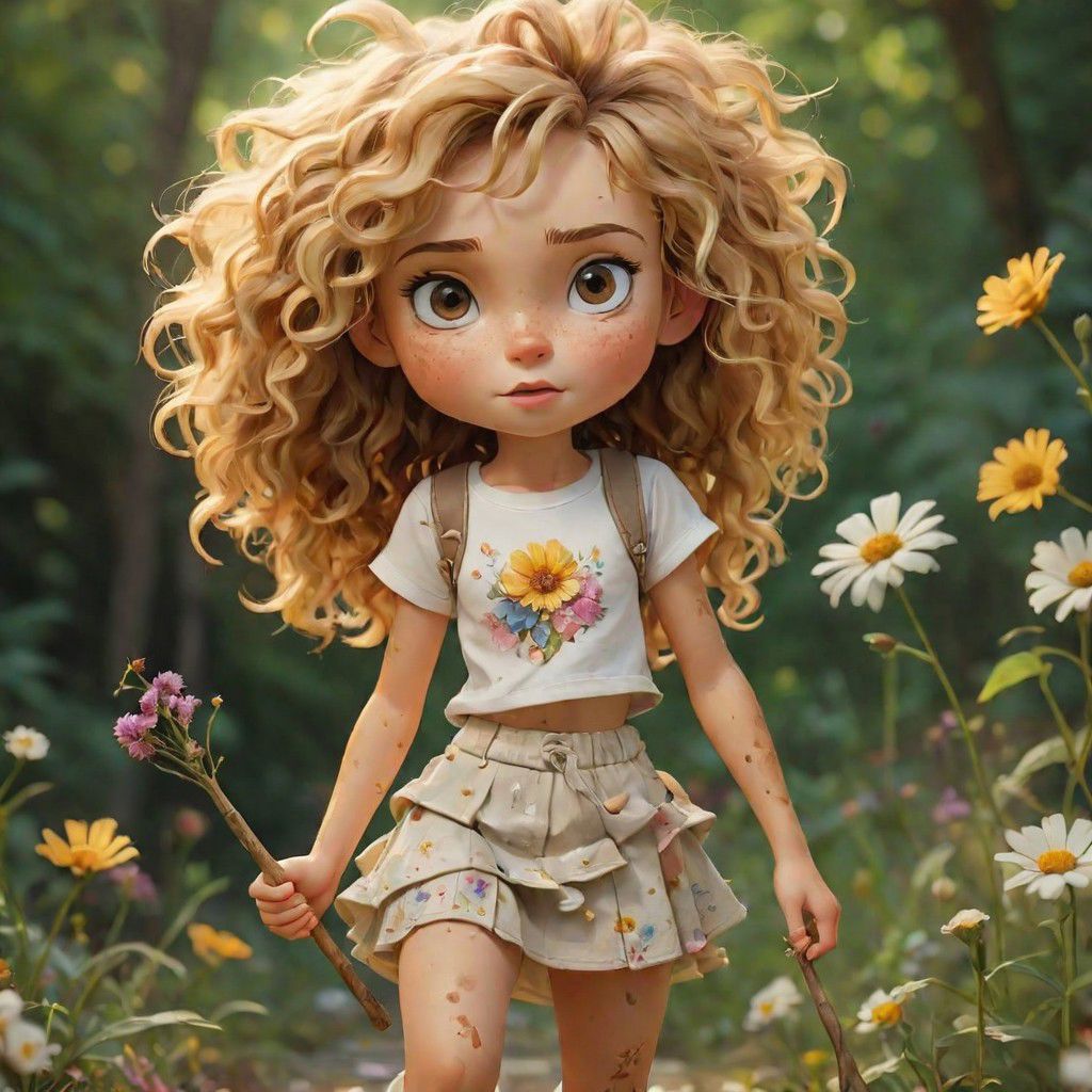 Fancy 3D little girl with freckles, brown eyes, a mass of wild curly blonde hair and flowers in her hair. She's wearing a ripped skirt, t-shirt, and white dirty sneakers. She holds a stick slingshot in her hand. A background of wild flowers. Pastel colors and soft golden lines, water color and alcohol ink effect