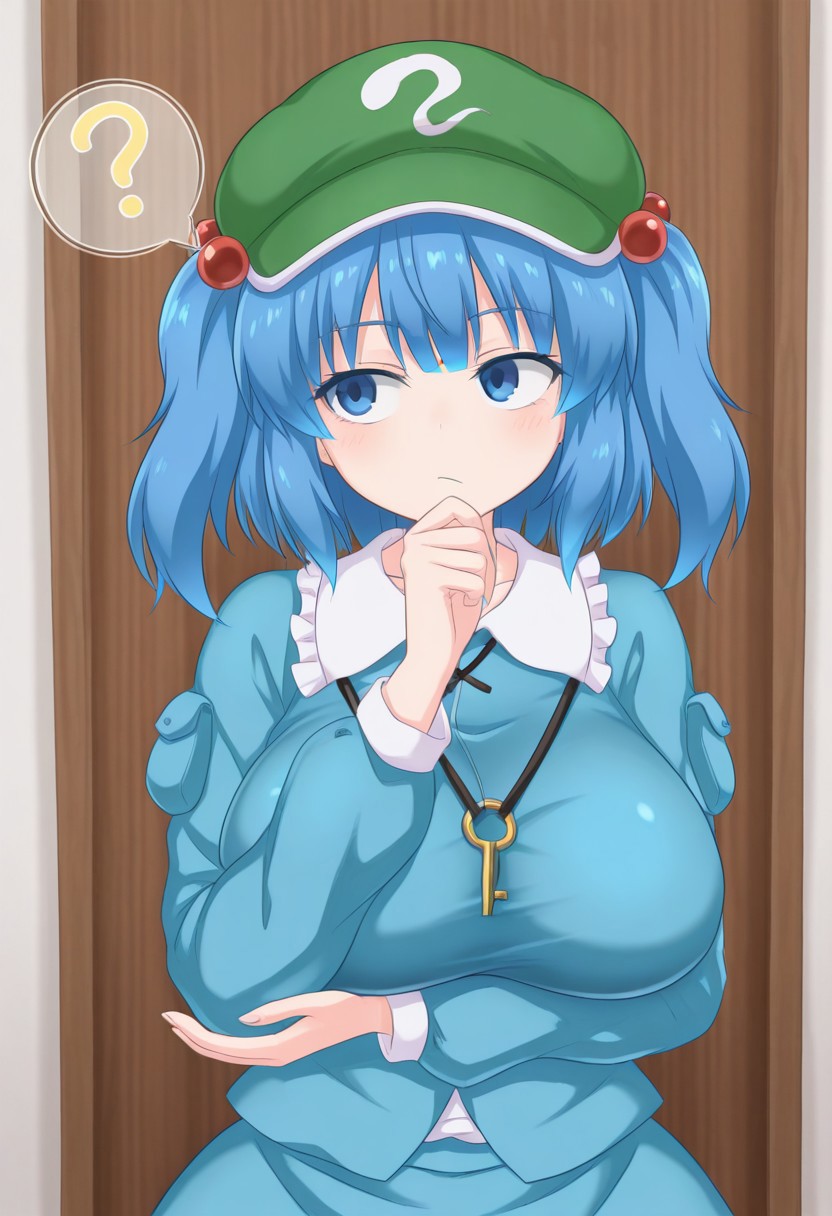 best quality, 
1girl, solo, kawashiro nitori,
large breasts,
thinking, ?,