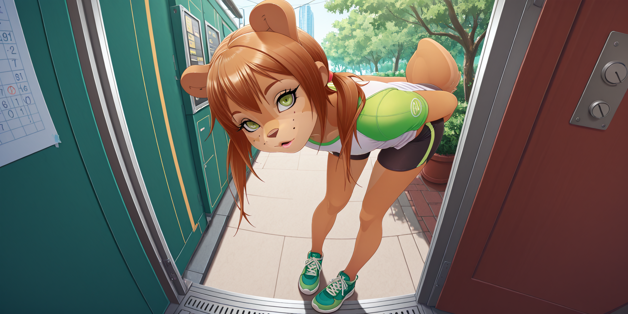 1 girl (Rocketgirl, 1girl, solo, animal ears, furry female, tail, brown hair, long hair, green eyes, bangs,freckles, brown fur,full body, sidelocks, twintails, two-tone fur, long eyelashes, curious expression, standing, bent over, looking at POV, workout clothes (green and gold elements), tight shirt)  <lora:Rocketgirl_v01_ILXL:1>, photorealistic, highest quality, cinematic lighting, absurdres, masterpiece, best quality, very aesthetic, absurdres,  <lora:Beautiful Detailed Eyes:1> <lora:pony_good_hands:1>, park setting, arms behind back, from the side, head tilt, score_9, score_8_up, score_7_up, score_6_up, score_5_up, score_4_up,